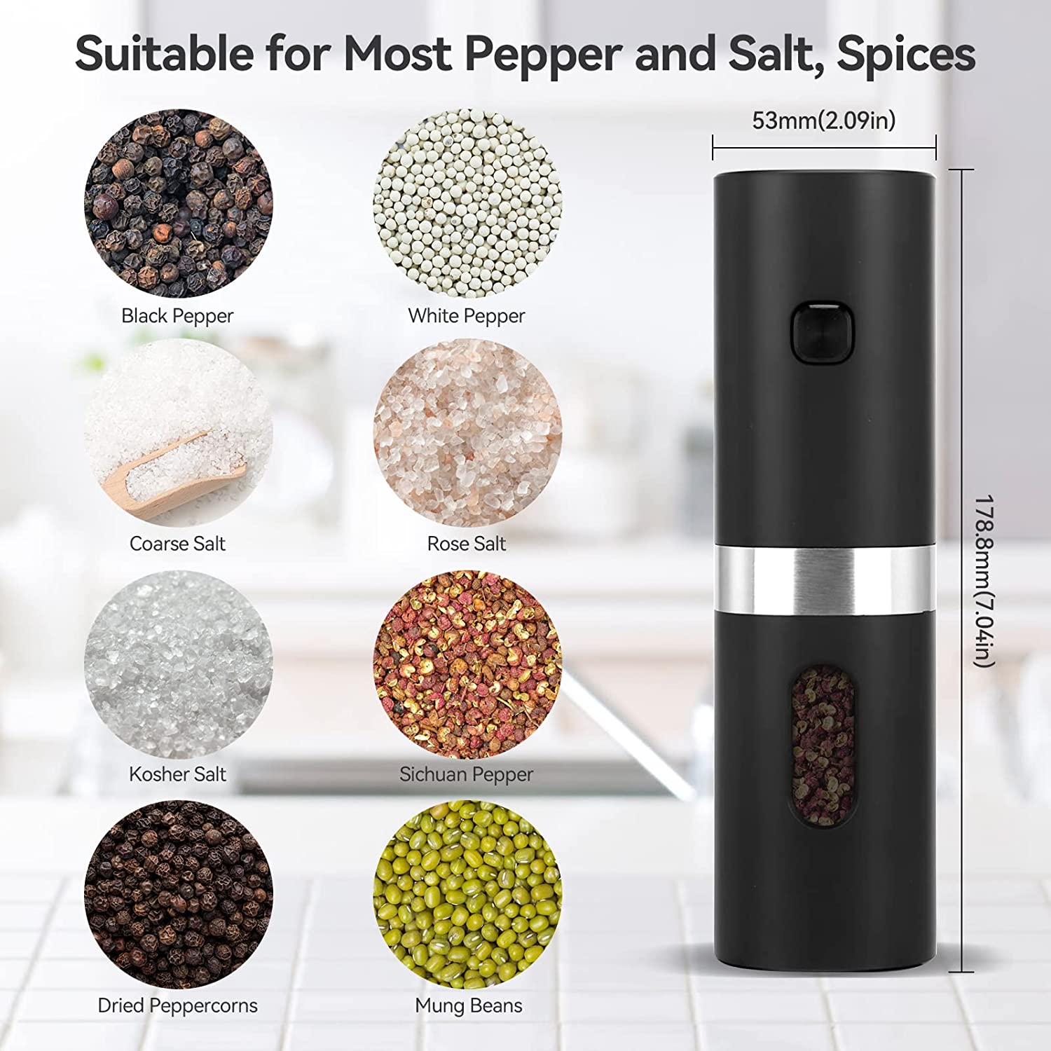 1604-0oilj5.jpg Gravity Electric Salt and Pepper Grinder Set, Automatic Pepper and Salt Mill Grinder Battery-Operated with Adjustable Coarseness, LED Light, Christmas Gifts 1-Pack - Image 6
