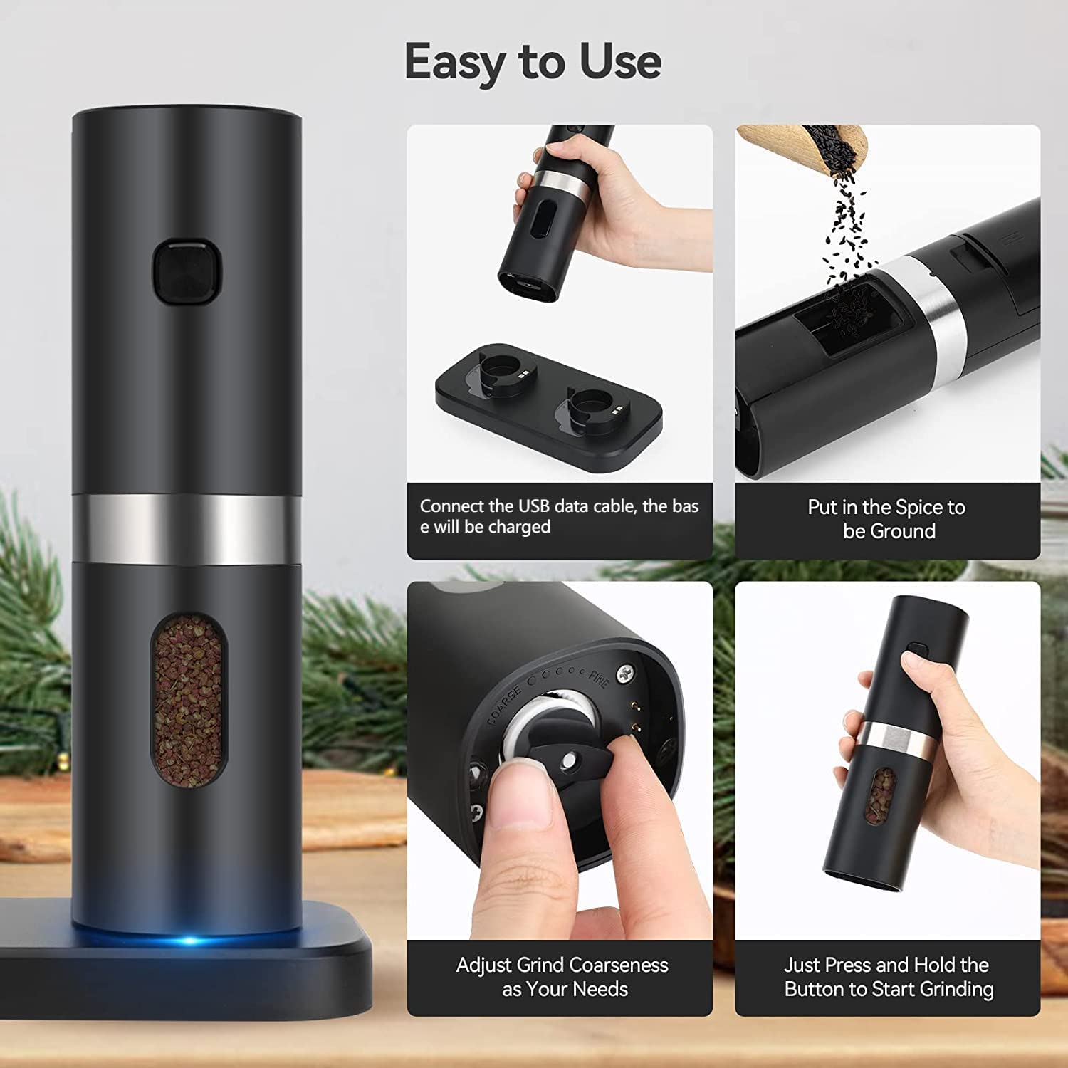 1604-vmtyqe.jpg Gravity Electric Salt and Pepper Grinder Set, Automatic Pepper and Salt Mill Grinder Battery-Operated with Adjustable Coarseness, LED Light, Christmas Gifts 1-Pack - Image 5